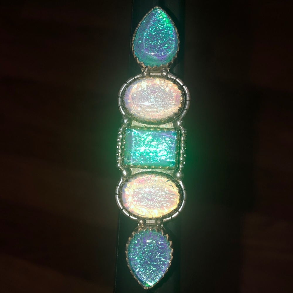 Teal & White Glitter Glass Crawler Ring